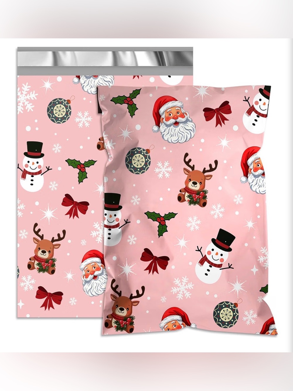 (20) Pink Holiday Polymailer Bags with Santa, Snowmen & Reindeer 6”x9” - Picture 1 of 16